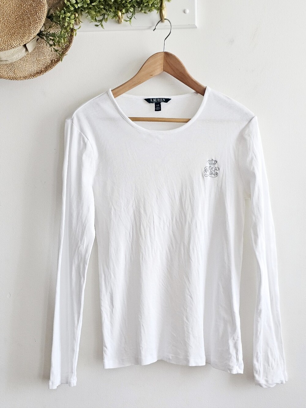 Lauren Ralph Lauren White Cotton Long Sleeve Heritage Style Crown Monogram Top L
